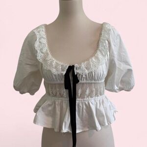 For Love & Lemons White Lace Peplum Blouse | Black Ribbon Tie | Size M
